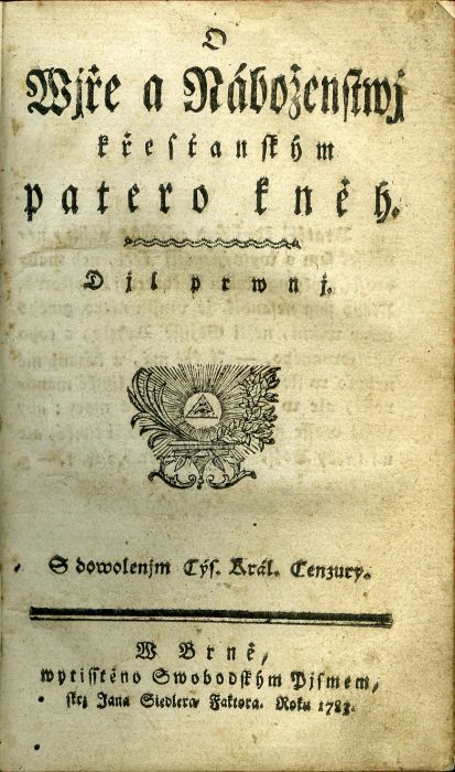 O Wjře a Nánoženstwj křesťanským patero kněh. Djl prwnj + druhý.