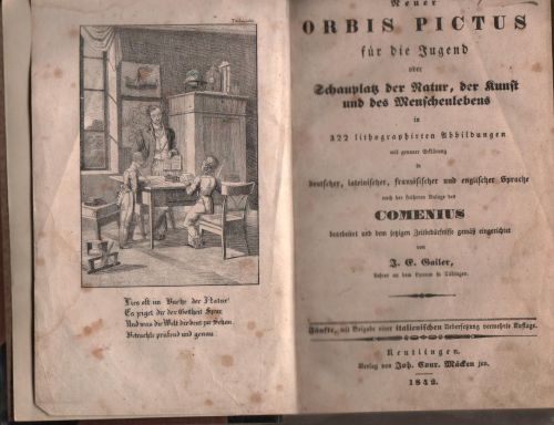 Neuer ORBIS Pictus für die Jugend oder Schauplatz der Natur, der Kunst und des Menschenlebens in 322 lithographirten Abbildungen mit genauer Erklärung in deutscher, lateinischer, französischer und englischer Sprache nach der früheren Anlage des COMENIUS bearbeitet und dem jetzigen Zeitbedürfnisse gemäss eingerichtet vo J. E. Gailer