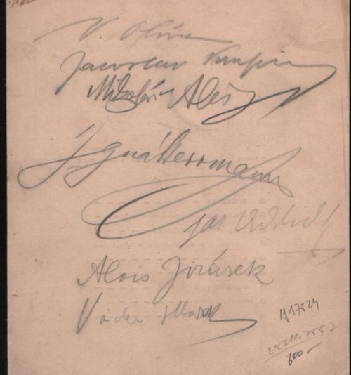 Zlatá Praha, menu u příležitosti 1000 čísla z 23.1. 1903 s podpisy literátů a výtvarníků