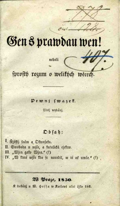 Gen s prawdau wen! neboli sprostý rozum o welikých wěcech. Prwnj - třetj swazek