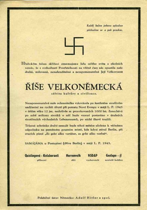 Parte říše velkoněmecké, datováno Samájáma u Postupimi (dříve Berlín) v máji L. P. 1945.