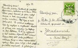 Dopisnice adresovaná J. Sv. Novákovi, lékárníkovi a spisovateli ve Zbraslavicích u Kutné Hory.