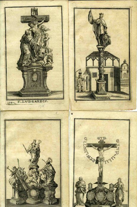 28 anonymních mědirytin, původně ilustrující titul J. W. Welleba: Die berühmte Prager Brücke und ihre Statuen in 37 Kupfern dargestellt, mit Beschreibungen und Legenden ... Aufgelegt von Joseph Rudl.