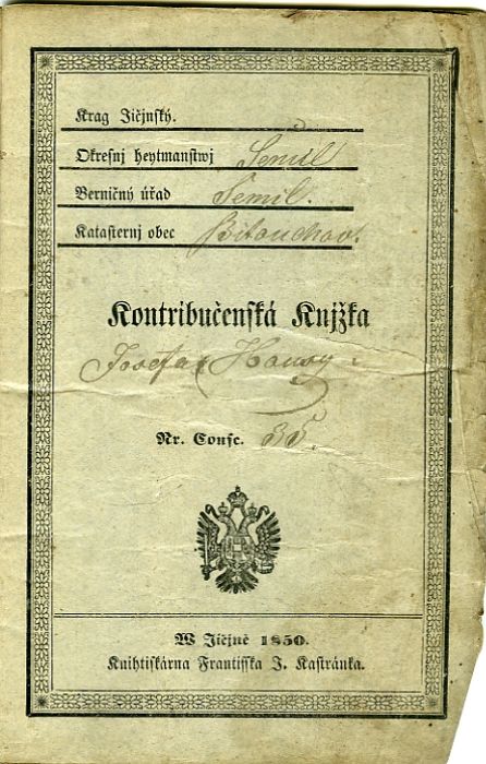 Kontribučenská Knjžka [vepsáno: Josefa Hansy].