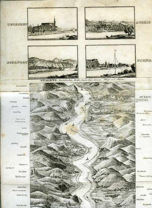 PANORAMA DER ELBE und andere nächsten Umgebungen von Strehla bis Aussig. als Charte des Flusses durch ganze Königreich Sachsen mit Markirung der preussischen und österreichischen Grenzen gezeichnet und gestochen von .... Mit Wiemanns topographischen Notizen.