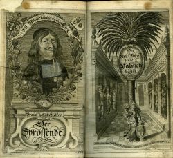 Der Neu=Sprossende Teutsche Palmbaum. Oder Ausführlicher Bericht, Von der Hochlöblichen Fruchtbringenden Gesellschaft Anfang, Absehn, Satzungen, Eigenschaft, und deroselben Fortpflantzung, mit schönen Kupfern ausgezeihret, samt einem vollkommenen Verzeichnüsz, aller, dieses Palmen=Ordens Mitglieder Derer Nahmen, Gewächsen und Worten, hervorgegeben Von dem Sprossenden.