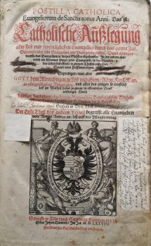 POSTILLA CATHOLICA Euangeliorum de Sanctis totius Anni. Das ist: Catholische Außlegung aller Fest und feyertäglichen Euangelien durch der gantze Jar. Darinnen uber jede Euangelien zwo Predigen begriffen. Deren allwegen die erste, das Euangelium in dreen Stücken abgehandlet: In der andern aber, wirdt ein fürnemer Punct jeder Euangelien, je den Glauben, je das Leben betreffend, in zweyen Theilen außgefürt. Sampt neuen Passionpredigen. Geprediget, nun aber GOTT dem Allmechtigen zu Lob und ehren, Röm. Keys. May. zu allergnedigstem Wolgefallen, und allen den jenigen so ernstlich Lust zur Wahrheit haben zu gütem, in offentlichen Druck verfertiget . Durch Jakobum Feuchthium, Episcopum Naturensem, Bambergischen Weyhebischouen, Canonie. daselbsten bey S. Stephan, der H. Schrifft D. etc. Getheilt in Drey Theil. Der Erste Theil des andern TOMI begreisst alle Euangelien vom Apostel Andrea an, biß auff den Pfingstmontag.