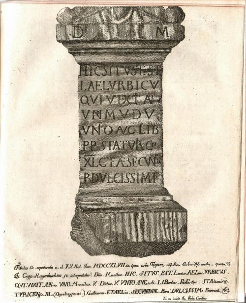 TESSARAKODEOLOGION (alfabetou) TURICENSE. Sive inscriptio antiqua, ex qua Turici sub impp. romanis stationem quadragesimae Galliarum fuisse primum innotescit, commentario illustrata. C. Plinius  Maximo Suo. Sit apud te honor antiquitatis, sit ingentibus factis, sit fabulis quoque.