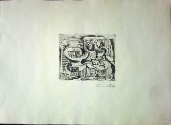 Zátiší s lahví koňaku, skleničkou a podnosem s hruškami