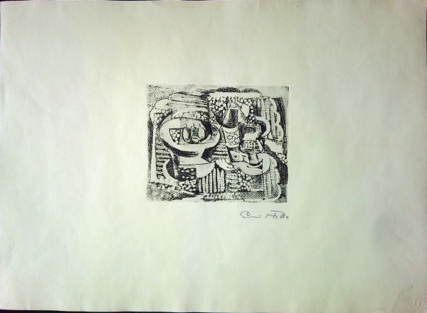 Zátiší s lahví koňaku, skleničkou a podnosem s hruškami