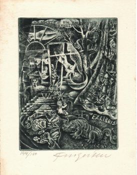 Die Nacht ist ein Rohstoff sie ähnelt sehr der Holzwolle. Ex libris G. M. van Wees.  [Schlafender mit Alptraum]. 
