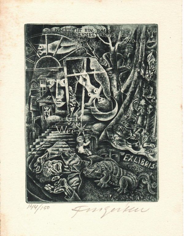 Die Nacht ist ein Rohstoff sie ähnelt sehr der Holzwolle. Ex libris G. M. van Wees.  [Schlafender mit Alptraum]. 