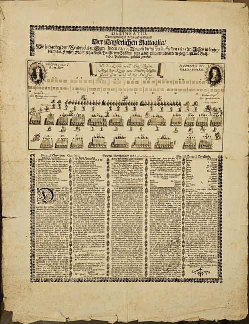 DELINEATIO, Oder eigentlicher Abriss und Entwurff. Der Kayserlichen Battaglia Wie selbige bey dem Rendevous zu Eger, so den 12. 22. Augusti dieses fortlauffenden 1673ten Jahrs in bey seyn der Rom. Kayserl. Majest. Durchl. von Sachsen, dero Chur-Printzen, und andern Hochfürstl. und Gräflichen Personen, etc. gestellet gewesen.