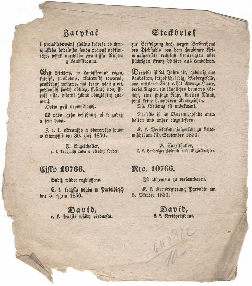 Zatykač k pronásledowánj zločinu krádeže od chrudjmského soudu práwně nařknutého, wssak uprchlého Frantisska Richtra z Landsskrouna. 