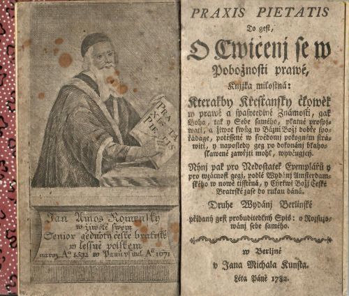 PRAXIS PIETATIS To gest. O Cwičenj se w Pobožnostj prawé. Knjžka milostná, Kterakby Křesťanský člowěk w prawé a spasytedlné Známosti, gak Boha, tak y Sebe samého, platně prospjwati, a žiwot swůg w Bázni Božj dobře spořádage, potěssené w swědomj pokogném stráwiti, y naposledy geg po dokonánj blahoslaweně zawřjti mohl, wyučugjcý. Nýnj pak pro Nedostatek Exemplářů y pro wzácnost gegj, podlé Wydánj Amsterdamského w nowě tisstěná, y Cýrkwi Božj České Bratrské zase do rukau dáná. Druhe Wadánj Berlinské přidaný gest probuditedlný Spis: O Rozsuzowánj sebe samého.