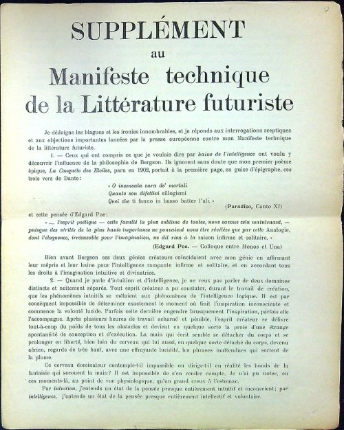 SUPPLÉMENT au Manifeste technique de la Littérature futuriste.