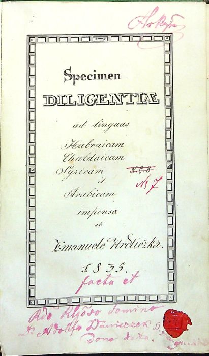 Specimen DILIGENTIAE ad linguas Haebraicam Chaldaicam Syricam et Arabicam impensae ab Emanuele Hrdličzka.