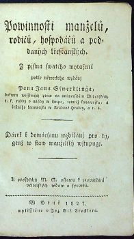 Powinnosti manželů, rodičů, hospodářů a poddaných křesťanských. Z pjsma swatého wytažené podle německého wydánj Pana Jana Sswerdlinga ... Dárek k domácýmu wzdělánj pro ty, genž w staw manželský wstupugj.