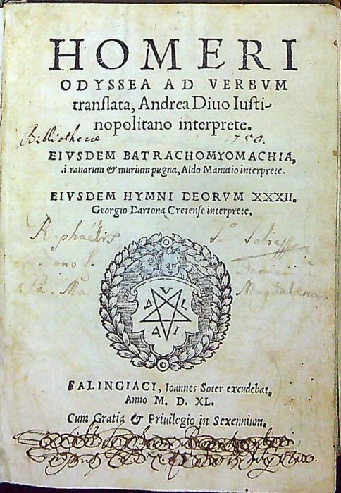 HOMERI OSYSSEA  AD VERBVM translata, Andrea Diuo Iustinopolitano interprete. EIVSDEM BATRACHOMYOMACHIA, a[d] ranarum et murium pugna, Aldo Manutio interprete. EIVSDEM HYMNI DEORVM XXXII. Georgio Dartona Cretense interprete.